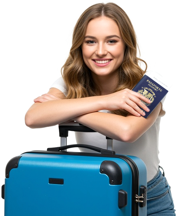 Mujer viajera con maleta azul